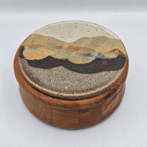 Selandia Designs Pottery Wood Box Round Trinket Jewelry Thailand Rustic